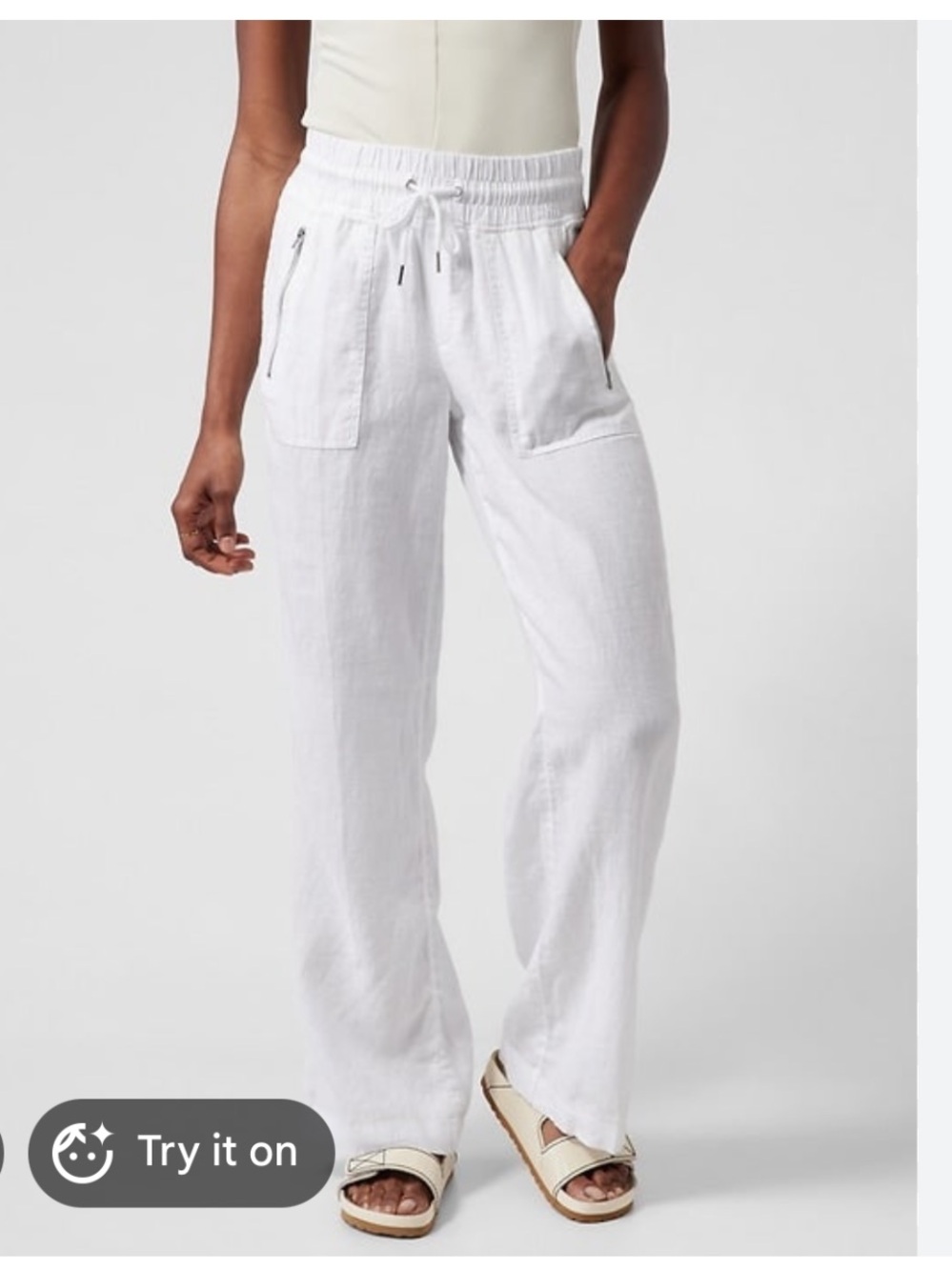 Athleta White Wide-Leg Drawstring Pants 100% Lino